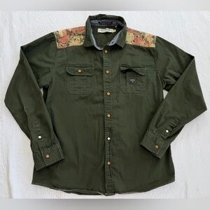 AKOO XL Olive Green Button Down Shirt Floral Tapestry Shoulder Panel Streetwear